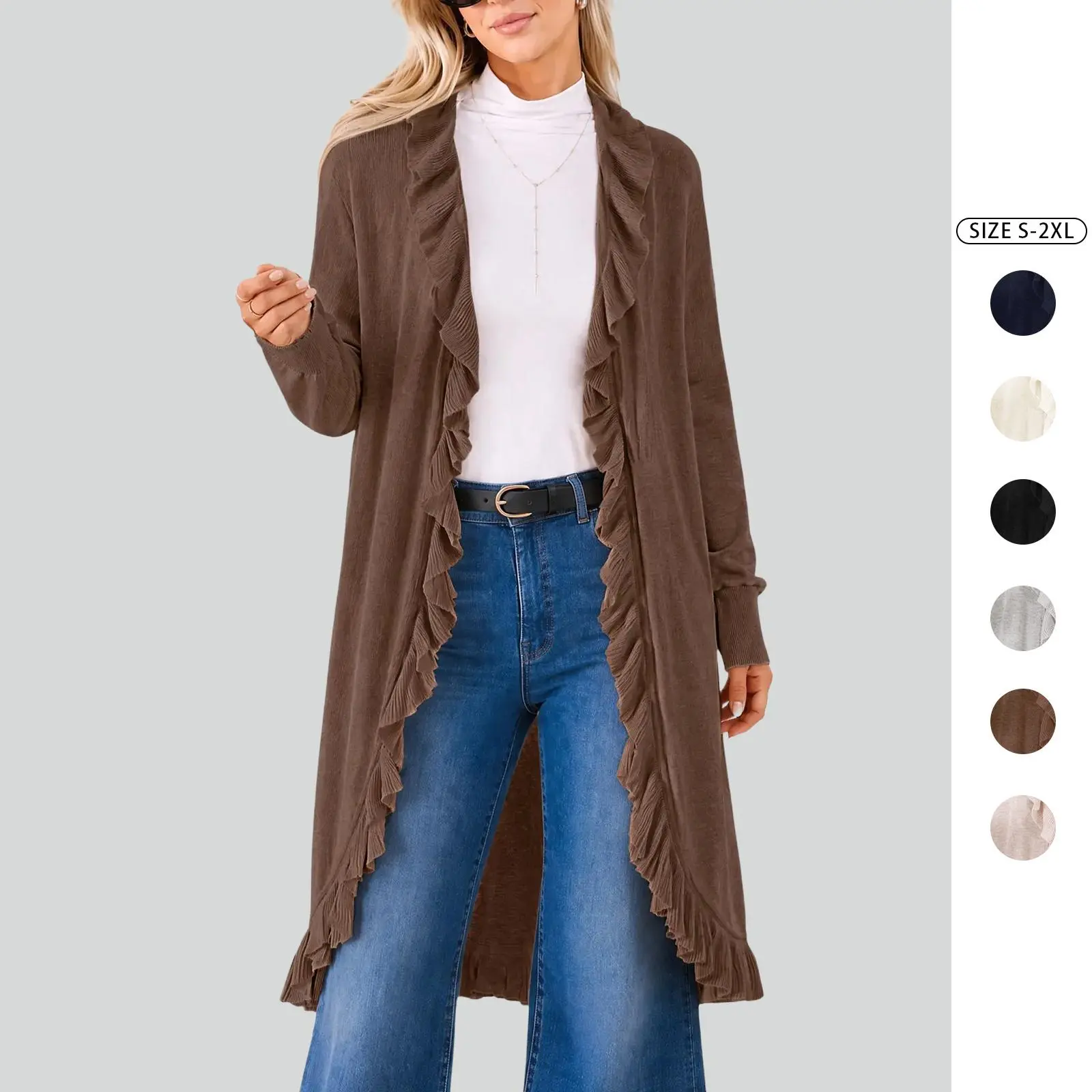 Imily Bela Women Ruffle Trim Long Open Front Duster Sweater Long Sleeve Casual Lightweight Layering Outerwear