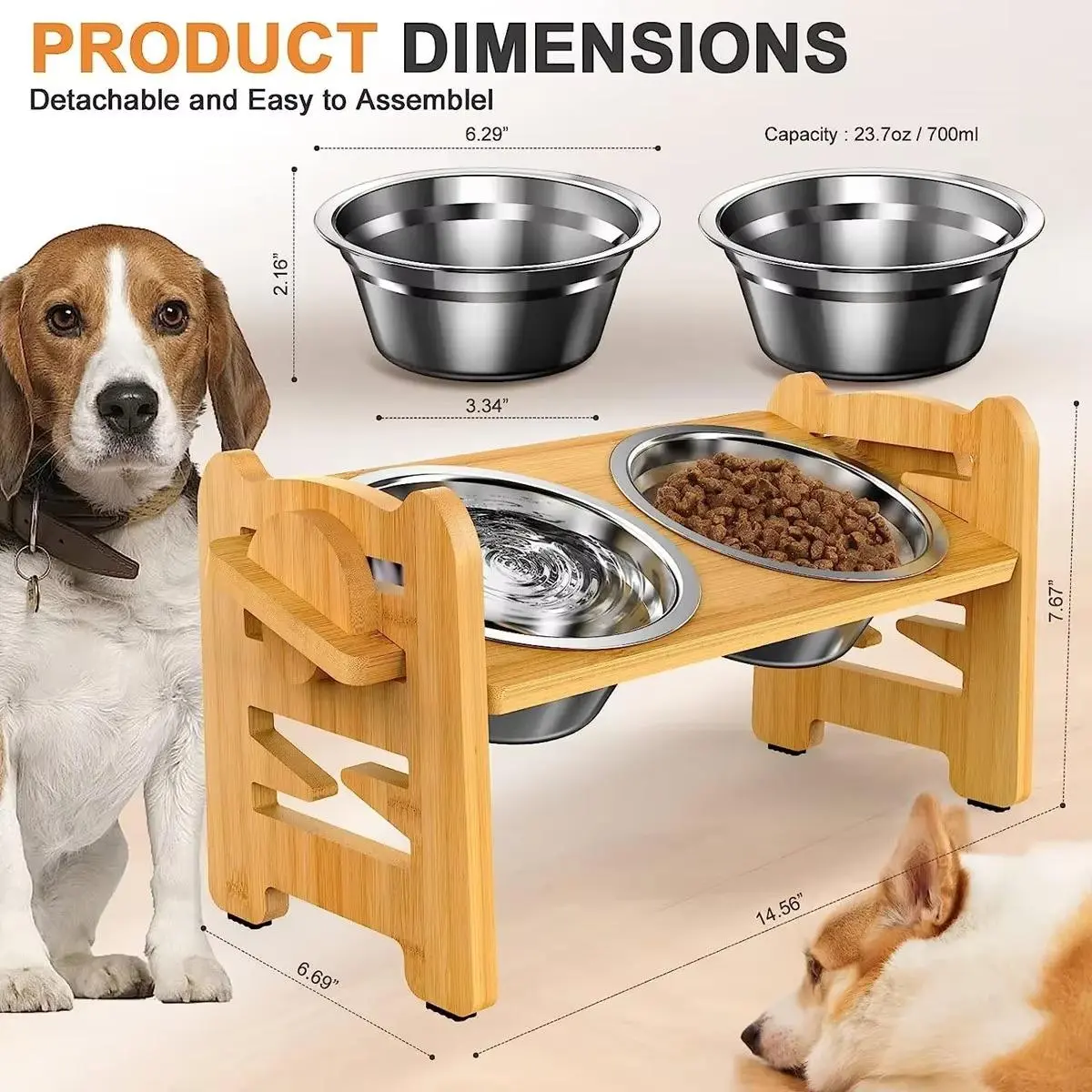 Adjustable Height Elevated Pet Feeder Stand for Small/Medium Dogs & Cats - 6 Adjustable Heights, 15° Tilting Design, 2 Stainless Steel 23.7oz Bowls, Natural Bamboo Construction, Stainless Steel Bowls, Tilting Feeders