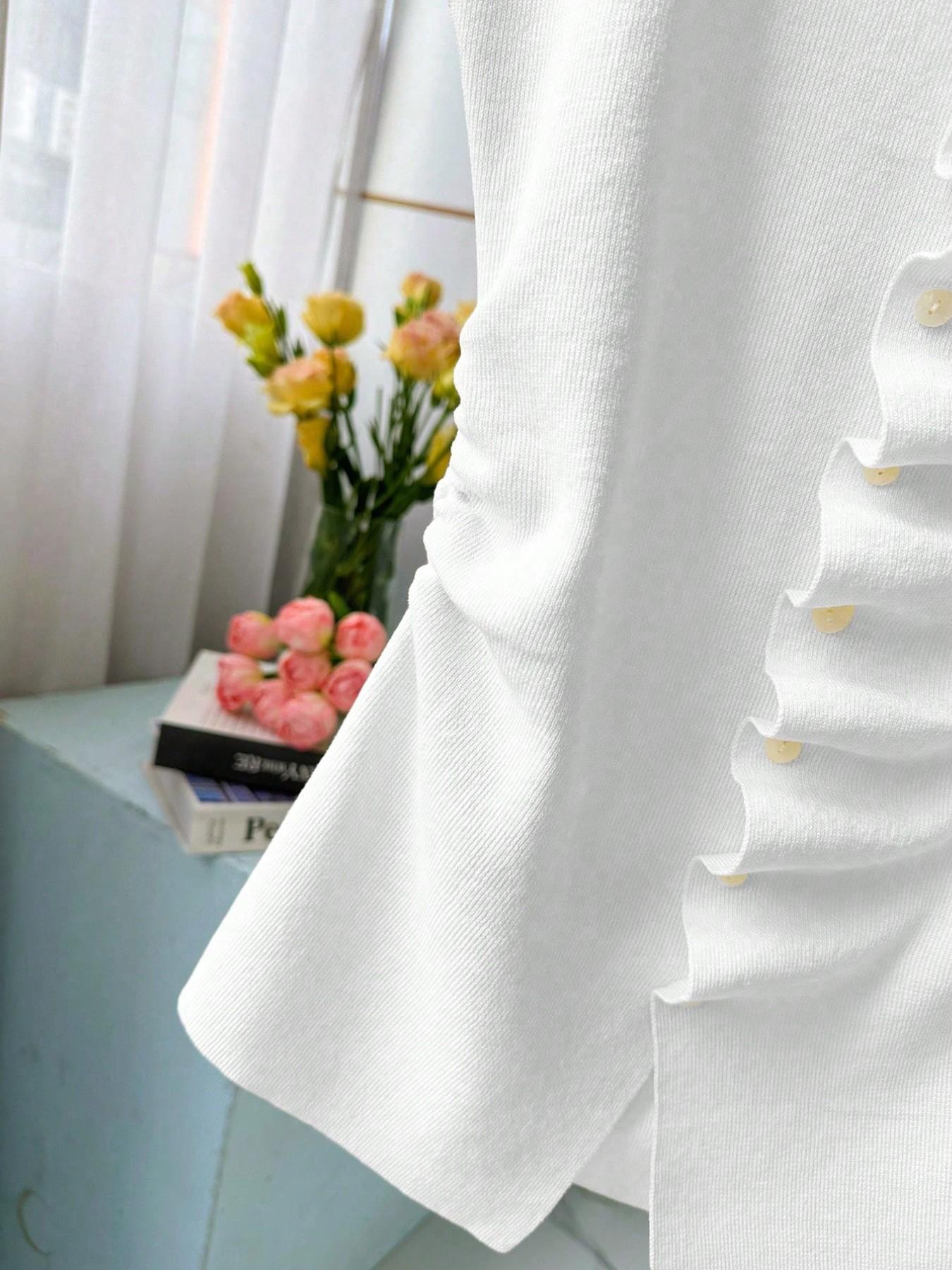 Women's White Stand-Collar Knit Top, Ruched Button-Front Cap-Sleeve Blouse, Slim-Fit Casual Knitted Shirt in Soft Stretchy Fabric, Body Hugging Tops, Button Closure Top, Office Wear, Daily Wear, Business Casual and Date Night, Spring Summer Knitwear