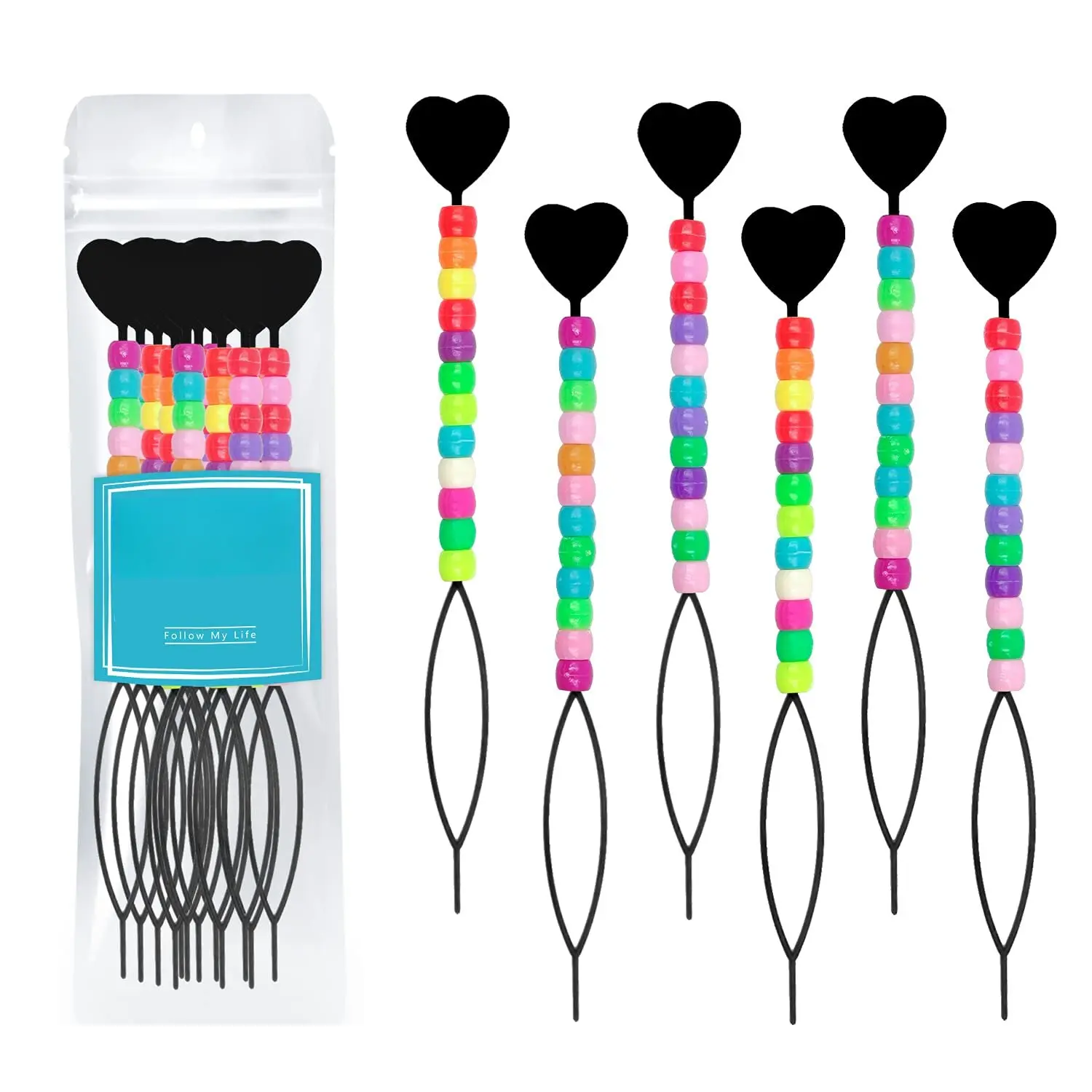 Hair Beading Tool with Colorful Beads, Black Bead Stringer for Braid | Flexible Loop Tools for Threading Hair Beads, Tinsel and Braids, Quick Topsy Tail Styling for Women and Teens