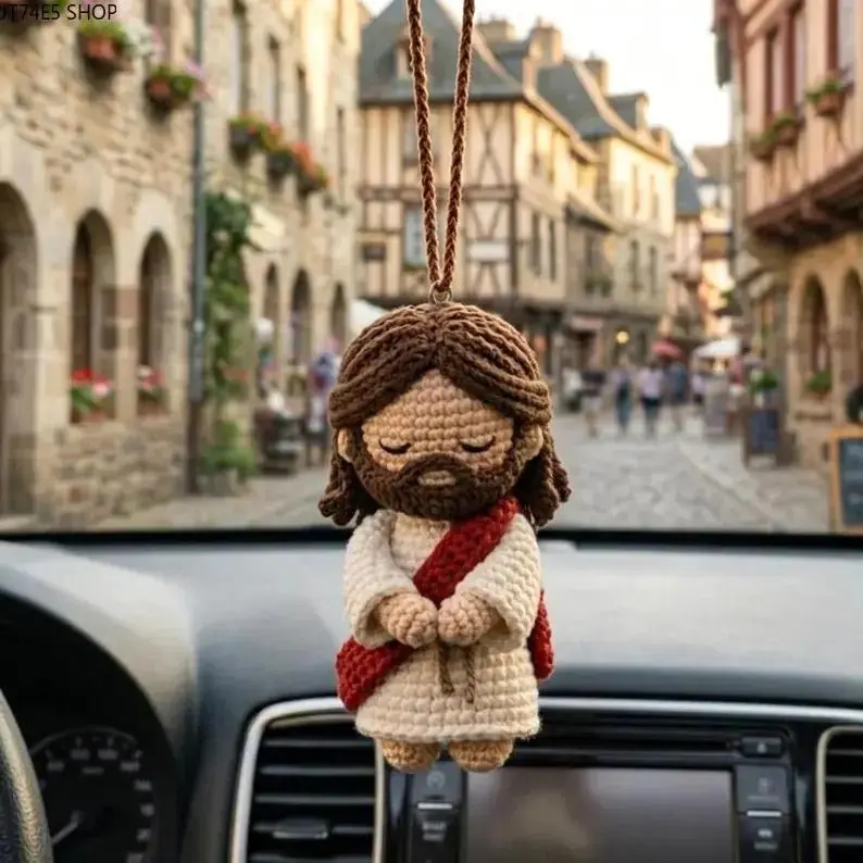 Handmade Crochet Car Charm, Cute Curly-Haired Faith Doll Rearview Mirror Hanging Decor, Aesthetic Boho Auto Interior Accessory, Lightweight Car Pendant for Daily Driving, Road Trips & Gifts