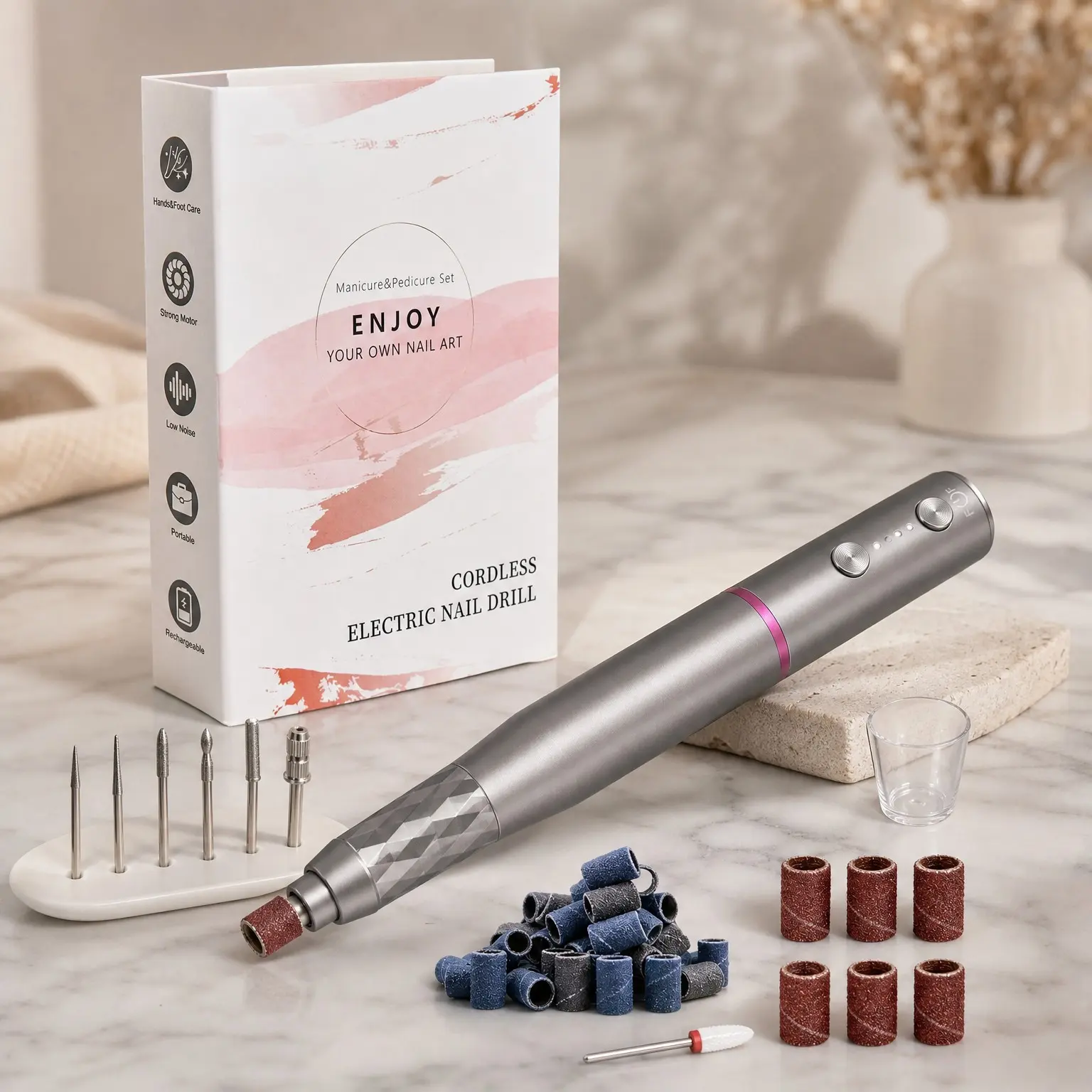 Professional Rechargeable Cordless Electric Nail Drill Machine with Bits Kit for Acrylic Gel Dip Nails, Efile Manicure and Pedicure Kit for Home Salon Grinding Polishing Removing, GrayGift