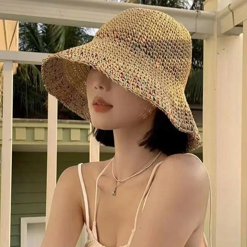 Handwoven Rainbow Straw Hats Women 2024 Korean Style Summer Breathable Fisherman Cap Adjustable for Holiday Travel