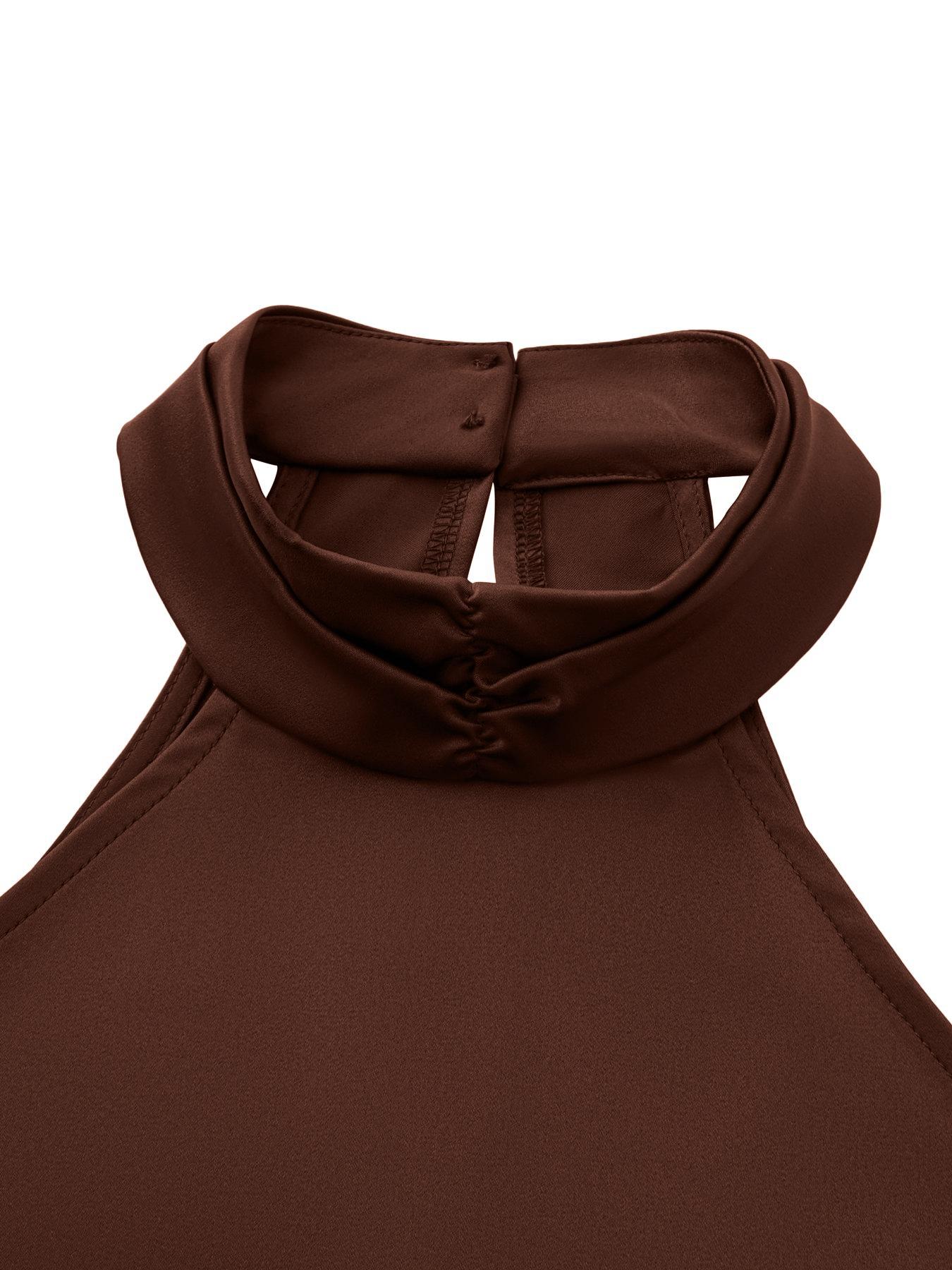 Elegant Asymmetric High Neck Satin Halter Top with Lace Trim, Sleeveless Design for Evening Parties and Formal Occasions