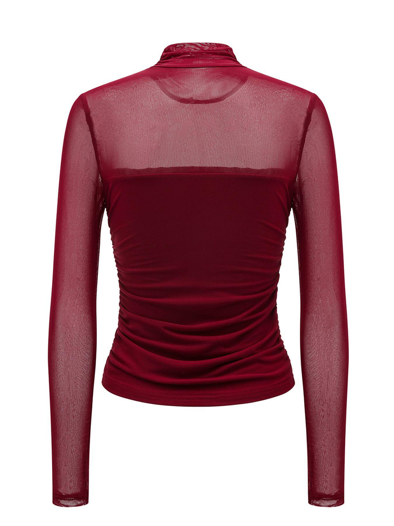 Women's Mesh Sheer Long Sleeve Ruched Top, Sexy Fitted High Neck, Fashion Chic Versatile Base layer