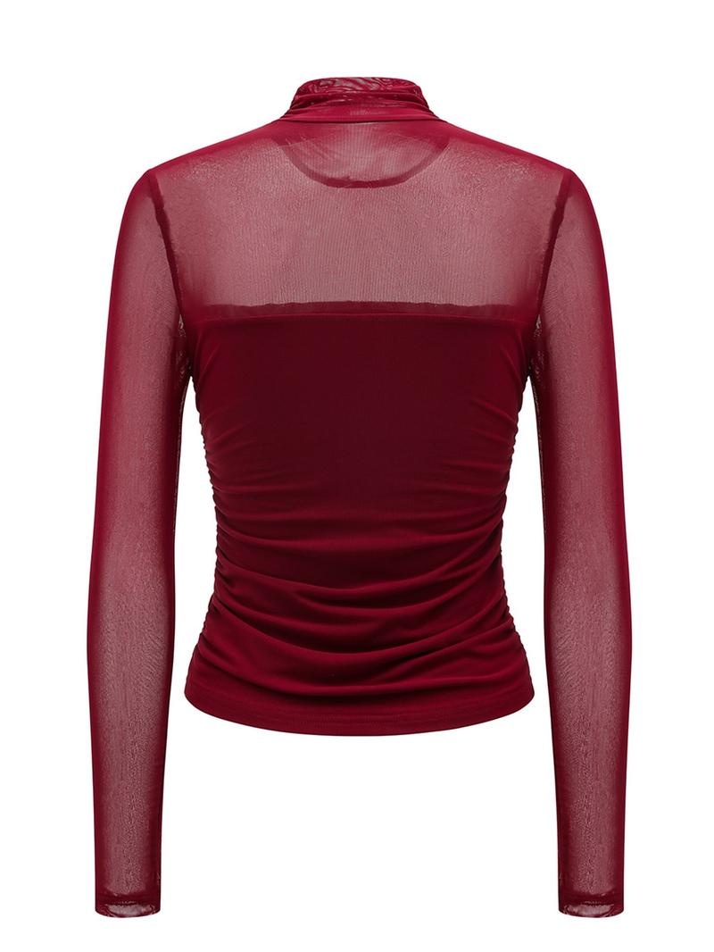 Women's Mesh Sheer Long Sleeve Ruched Top, Sexy Fitted High Neck, Fashion Versatile Base layer