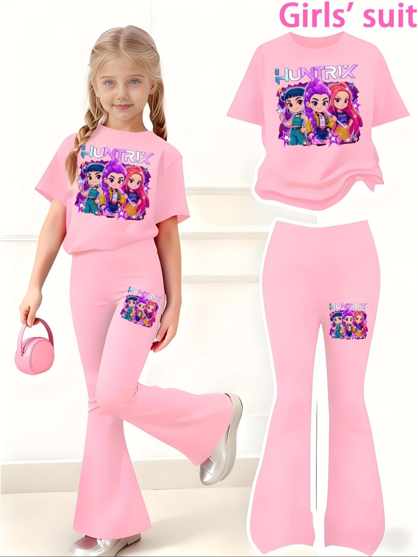 Halloween Christmas Costume Set, Witch Pattern Print 2-Piece Girls Casual Sports Short Sleeve & Bell Bottoms, Youth Trendy Sportswear, Power Girl Outfit