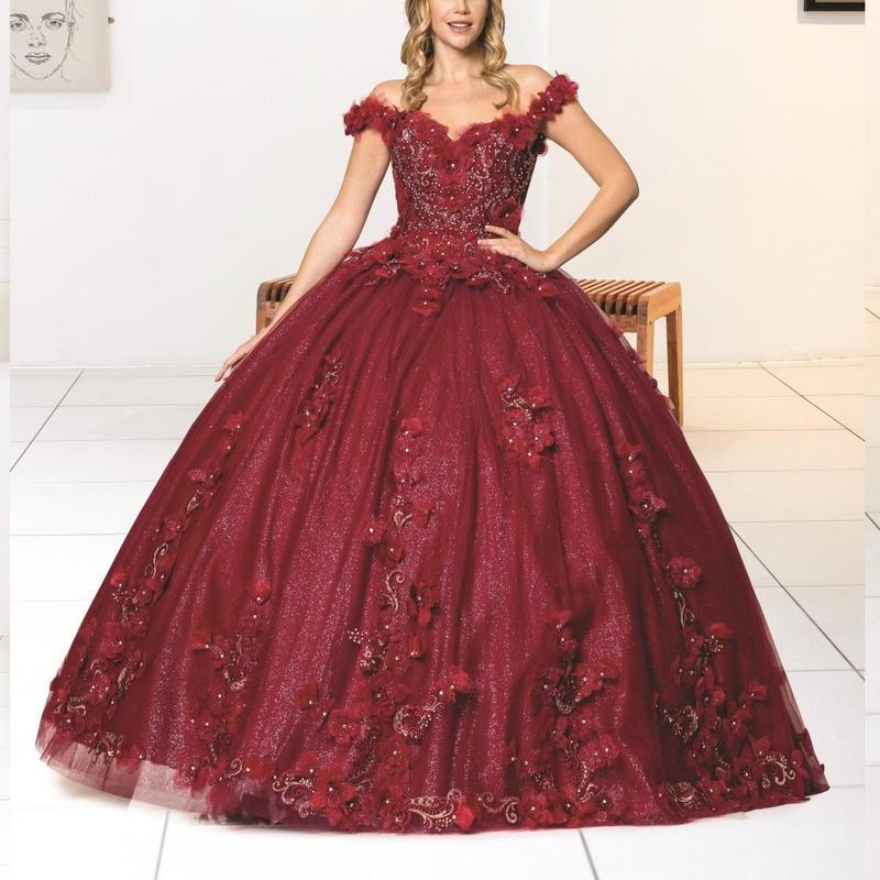 NO.34 Flowers and Metallic Lace Sparkle Tulle Quinceañera Dress schiaparelli  wedding dress white charro  dress club cocktail plus  size mini tube plain mature blue dress quince Sequins Off-Neck sequin dress Womenswear Formal party maxi