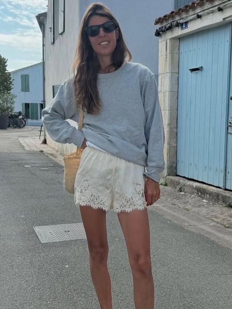 Women's Satin Silk Lace Shorts, Mid-Waist Mini Skirt, Luxurious Party Dress, French Style, Fashion Versatile Pants