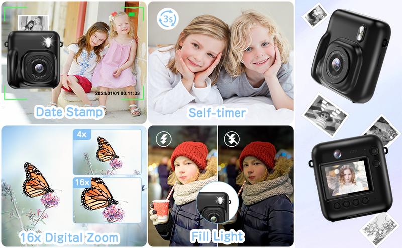 Camkory Instant Camera for Kids - 48MP Dual-Lens, 1080P Video, Selfie & Instant Print, Toddler Digital Camera Toy for Boys & Girls Age 3-12, Christmas Birthday Gift (Black)