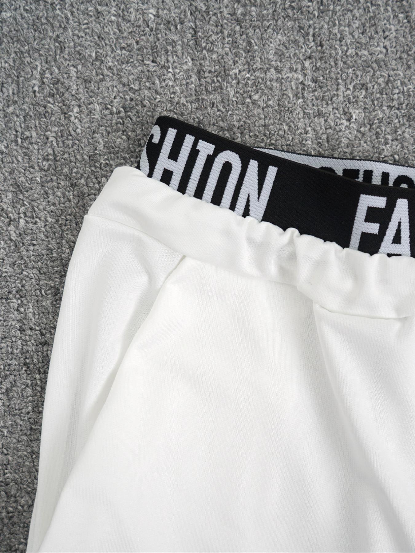 Hot-girl Style Contrast Binding Short Top and Letter Tape Wide Leg Pants, Women's Black & White Two-piece Set