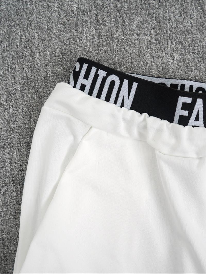 Hot-girl Style Contrast Binding Short Top and Letter Tape Wide Leg Pants, Women's Black & White Two-piece Set