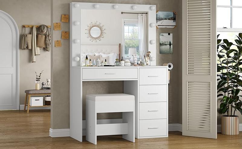 FUSOU 37"W 5 Drawers Vanity Desk with Power Outlet, 3 Color Lighting Modes, Makeup Table with Lighted Mirror, Vanity Table Dressing Table Set tabitha modern power outlet