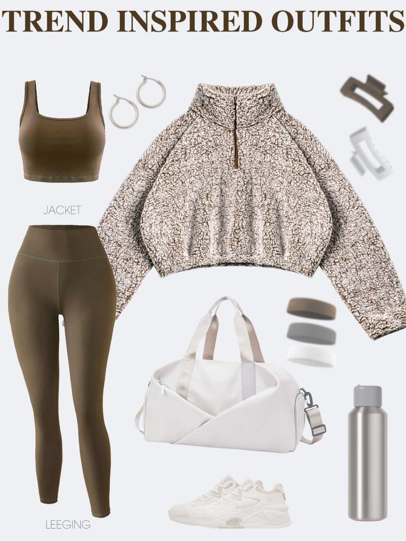 Women's Fleece Lined Sweatshirt Set, Sporty Tight-Fit Yoga Pants, Breathable Skin-Friendly Top, Fall & Winter Activewear, Leggings Tracksuit Set