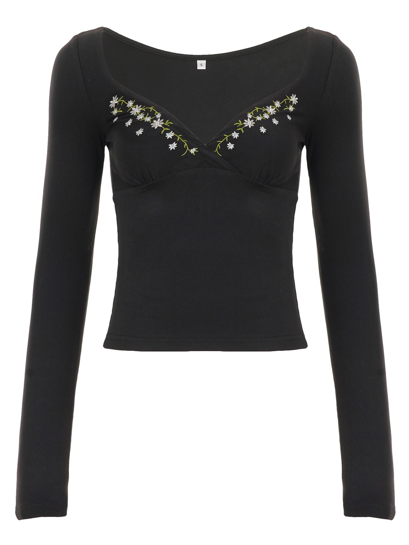 Women's V-Neck Long Sleeve Floral Embroidery Slim-Fit Top Blouse, Autumn Fashion Casual Wear, Comfortable & Stylish Ladies' Clothing