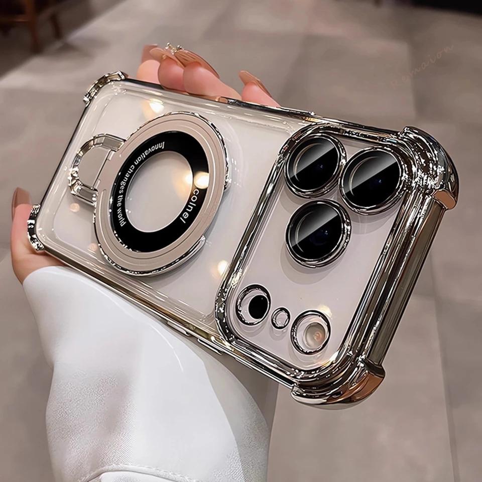 For Magsafe Wireless Charging Case For iPhone 17 Pro Max Air 14 15 Plus 13 12 16 Pro Transparent Plating Ring Holder Phone Cover