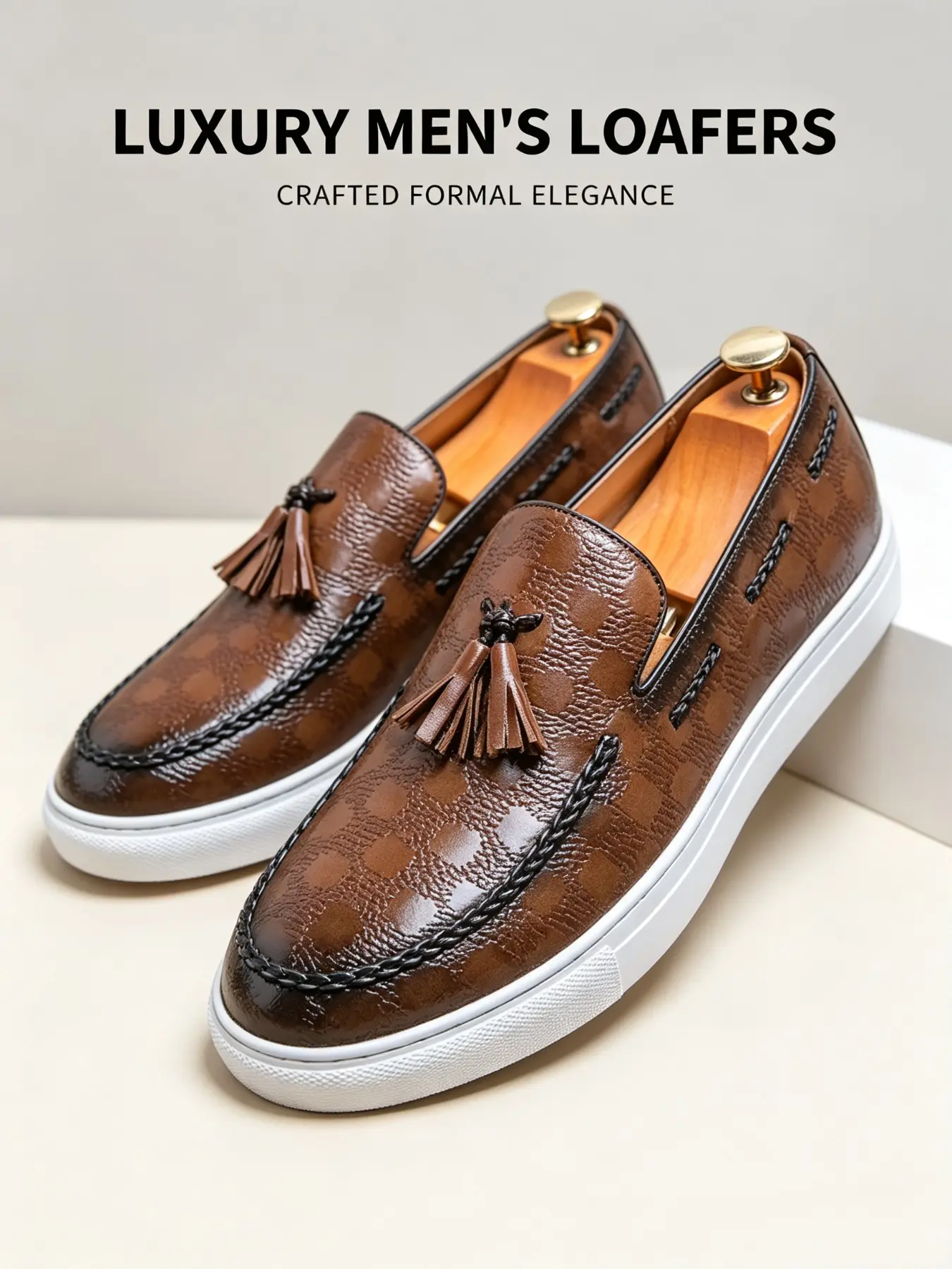 Men's Fringe Fashion Casual Flat Loafers, Lightweight Luxury Checkered Slip-On Shoes, Business Commute Versatile Lazy Man Shoes, European Style Trendy Low Top Shoes