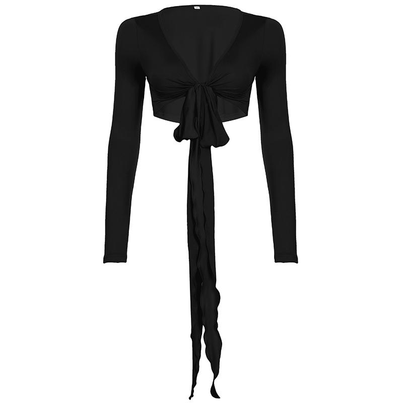 Women's Solid Color Crop Tee, Casual V Neck Long Sleeve T-shirt for Summer, Women's Clothing for Daily Wear