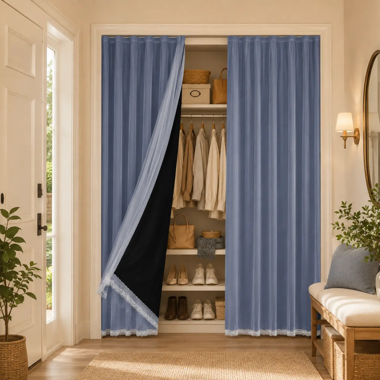 Wardrobe Privacy Curtain, Layered Blackout Fabric with Sheer Panel for Closet, Cabinet, Shelves & Bedroom Storage