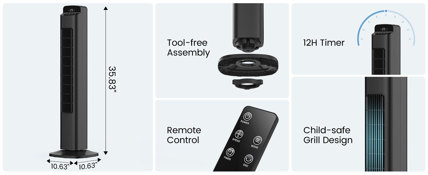 [NOT AC] COWSAR Fan for Bedroom, Quiet Floor Fan, Oscillating Tower Fan with Remote, Cooling Portable Bladeless  Fans Digital LED Display, 5-Speed & 3 Modes, 80° Oscillation, Remote Control, 12H Timer, Ultra-Quiet Cooling for Bedroom & Office