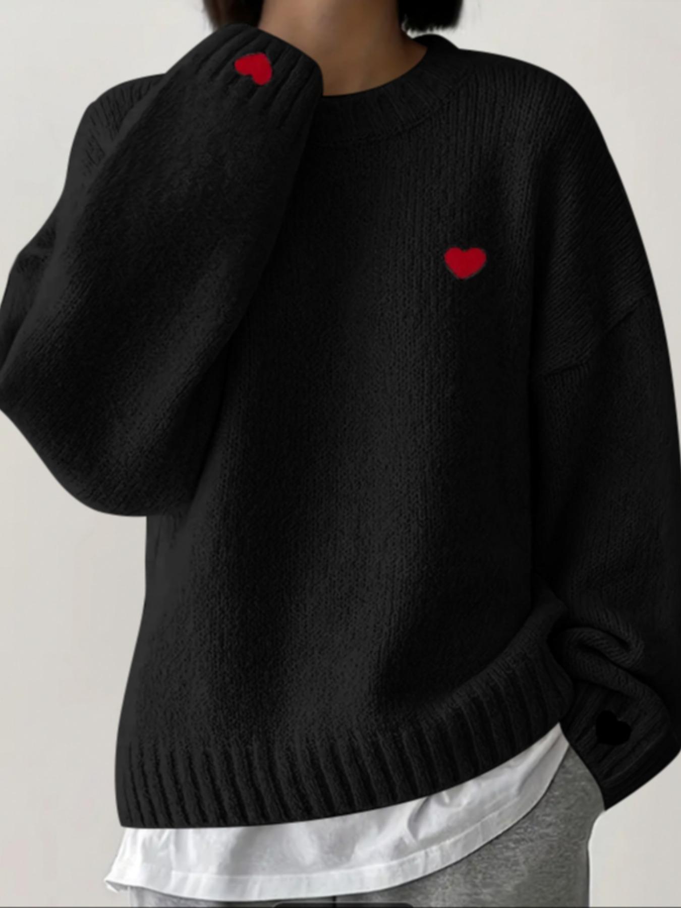 Women's Winter New Fashion Sweater, Embroidered Heart Knitwear, Elegant Casual Woolen Pullover, Loose Long Sleeve Top, Embroidery