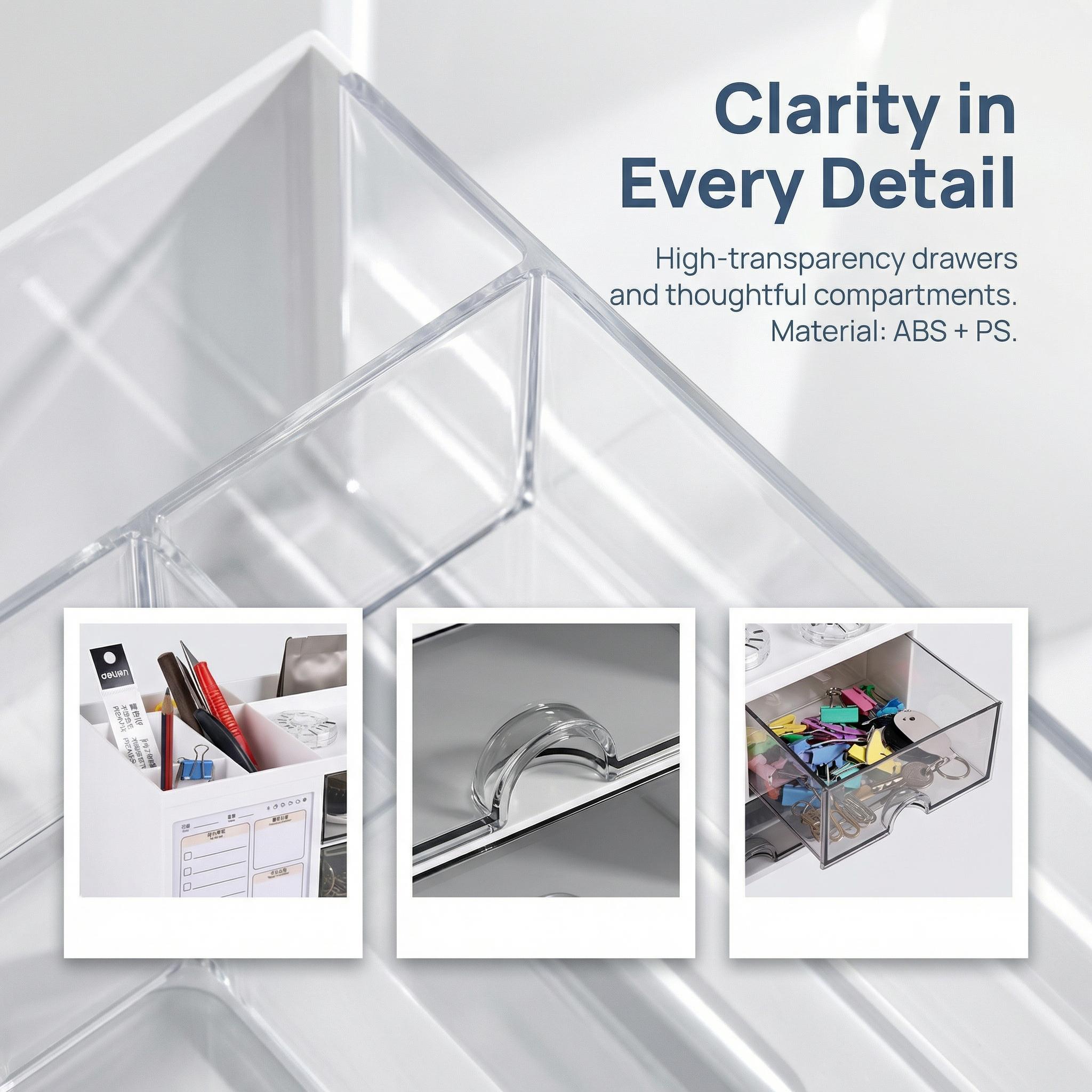 A desktop organizer with three drawers; a multi-functional pencil holder suitable for use in offices or at home; a desktop storage device with 8 compartments; available in white, perfect for storing art supplies in offices or homes.