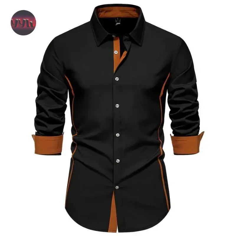 YYW1 Casual Color Block Men's Long Sleeve Button Up Shirt, Men's And Autumn Mature Blouse