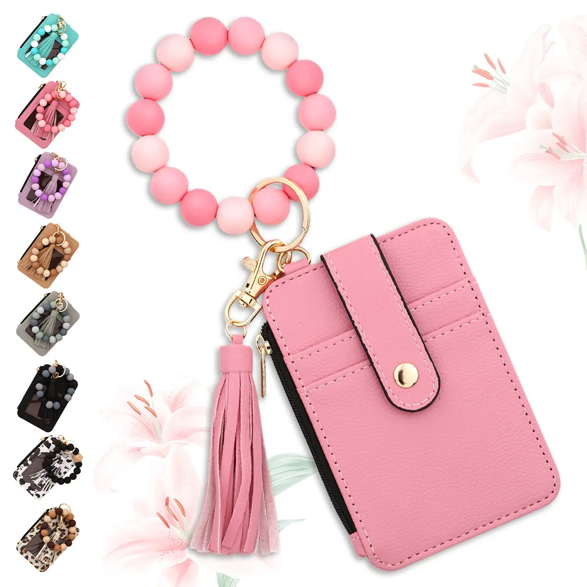 Boho Beaded Wristlet Keychain Bracelet Wallet for Women,Silicone Bead keyring Bangle,Flower/Leopard Print Wallet with Card Holder Cheetah Print Bag Charm Accessories Gift for Women Men