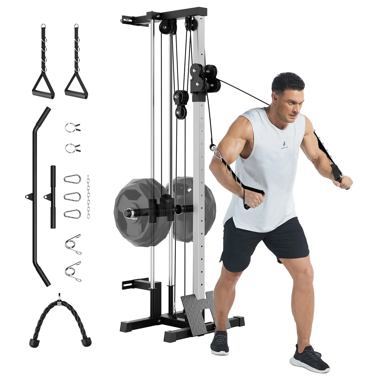 Wall Mounted Cable Machine, Carbon Steel Home Gym LAT Pulldown System, 19-Position Dual Pulley Crossover, 300 Lb Capacity Space-Saving