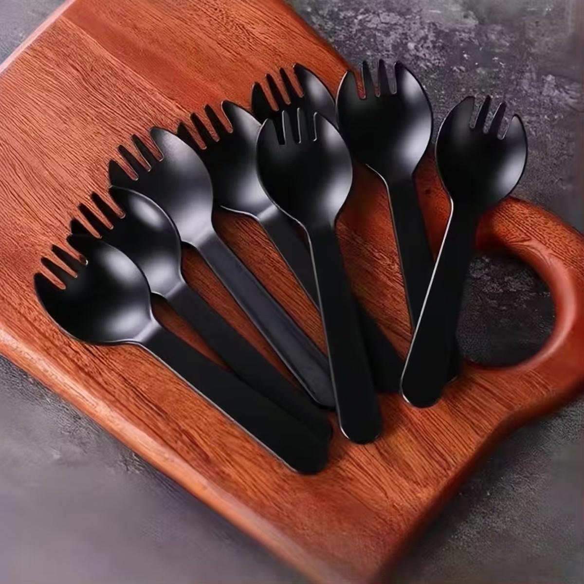 50/100/300/500pc black fork and spoon, perfect for desserts, ice cream, cakes, mousse, pudding, durian, fruit salad, etc., are the best choice for New Year, Valentine's Day, family gatherings, and outdoor camping