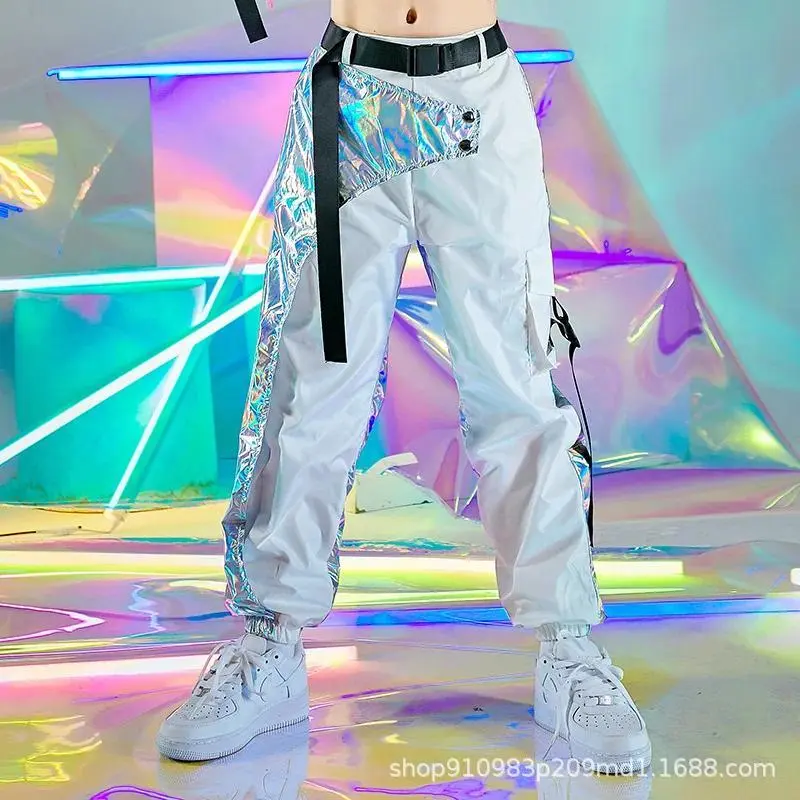 Hip-Hop Dance cosplay Clothes Reflective Rave Outfit Girl Sets Jazz Dancewear Festival Crop Tops Cargo Pant Catwalk Show Costume