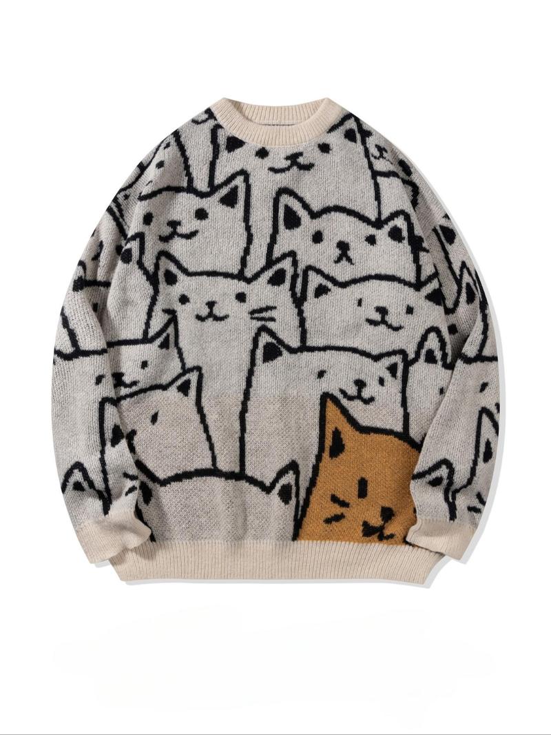 Unisex Men's All Over Cat Print Drop Shoulder Sweater, Cute Casual Long Sleeve Round Neck Jumper for Spring & Fall, Fashion Men's Knitwear for Daily Wear, Casual Comfy Pullover, Menswear