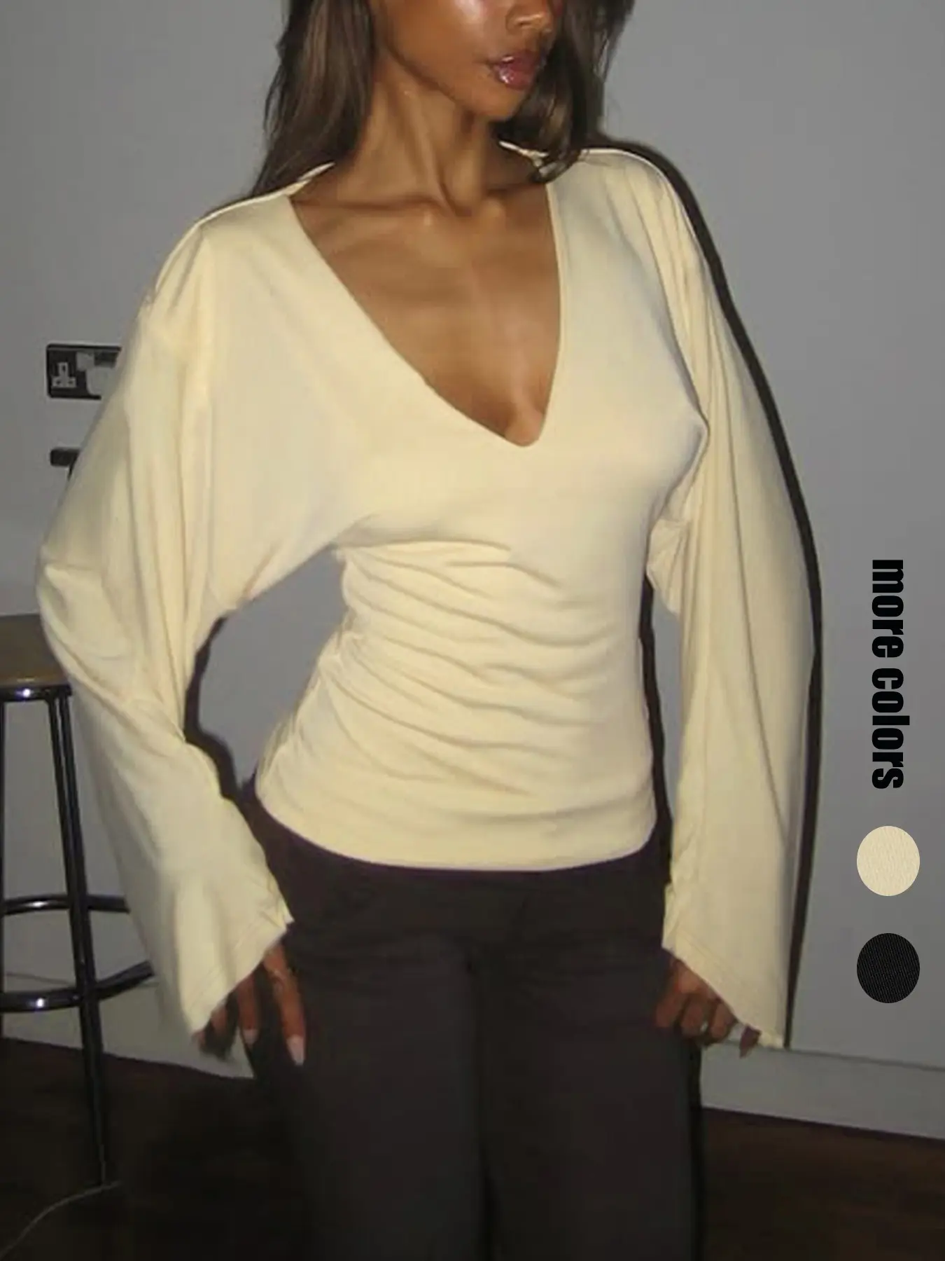 Elegant Women's Solid Long Sleeve T-Shirt, Sexy Deep V Neck Waist Cinch Slim Fit Top, Basic Casual Daily Wear, Plain Pattern, Loose-Fitting Style, Casual Stylish Tee, Womenswear