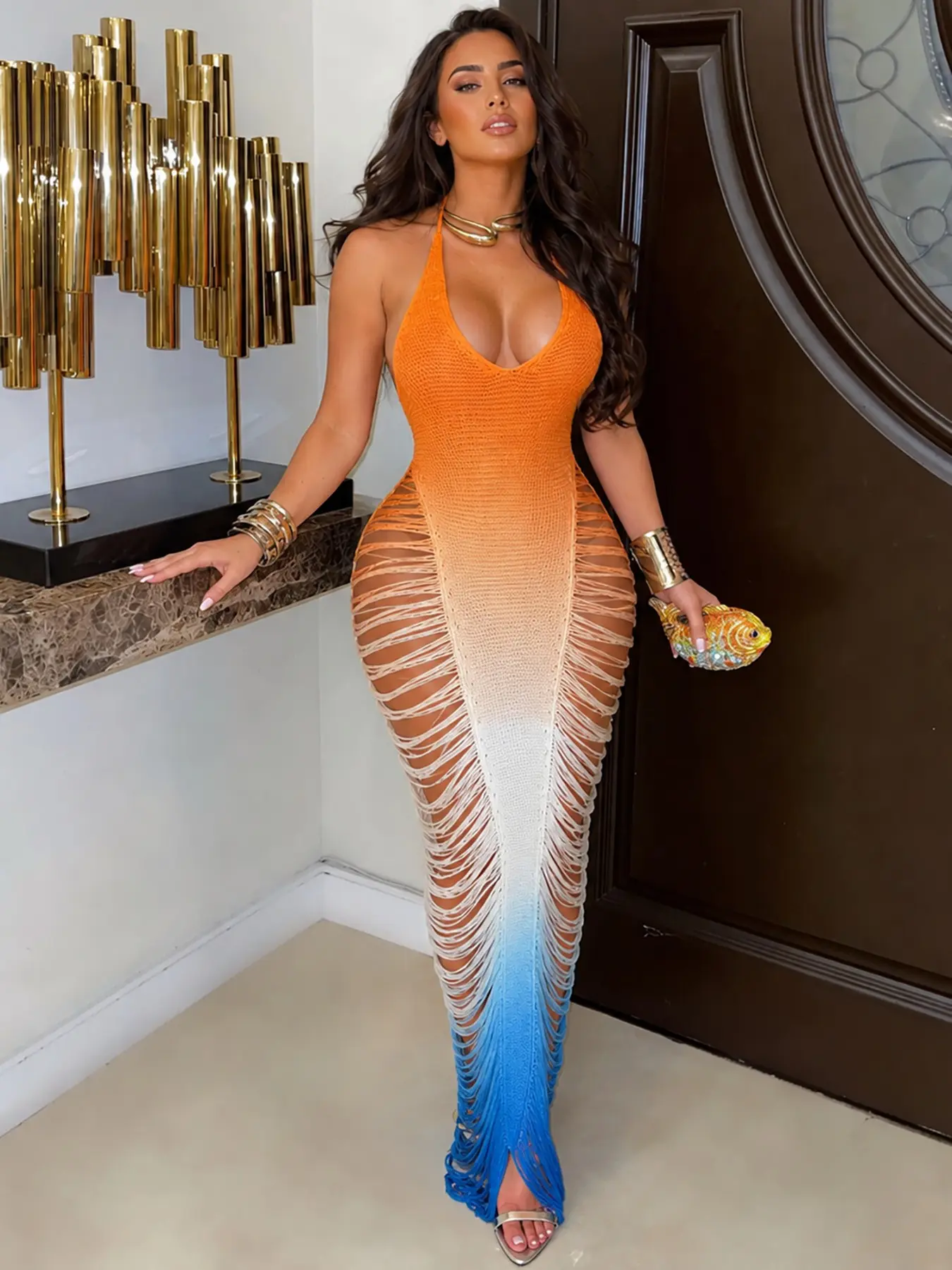 Newest Women's Ombre Crochet Maxi Dress Hollow Out Fringe Dress Gradient Color Summer Beach Vacation Resort Wear