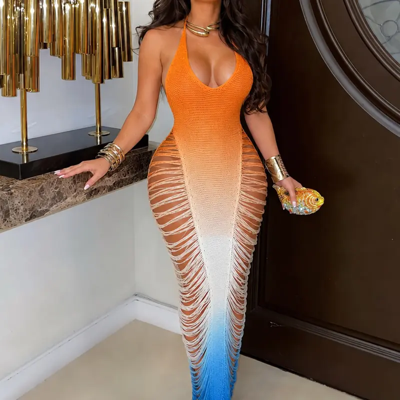 Newest Women's Ombre Pattern Maxi Dress, Hollow Out Fringe Dress, Summer Wear for Beach, Vacation & Resort, Backless Beach Party