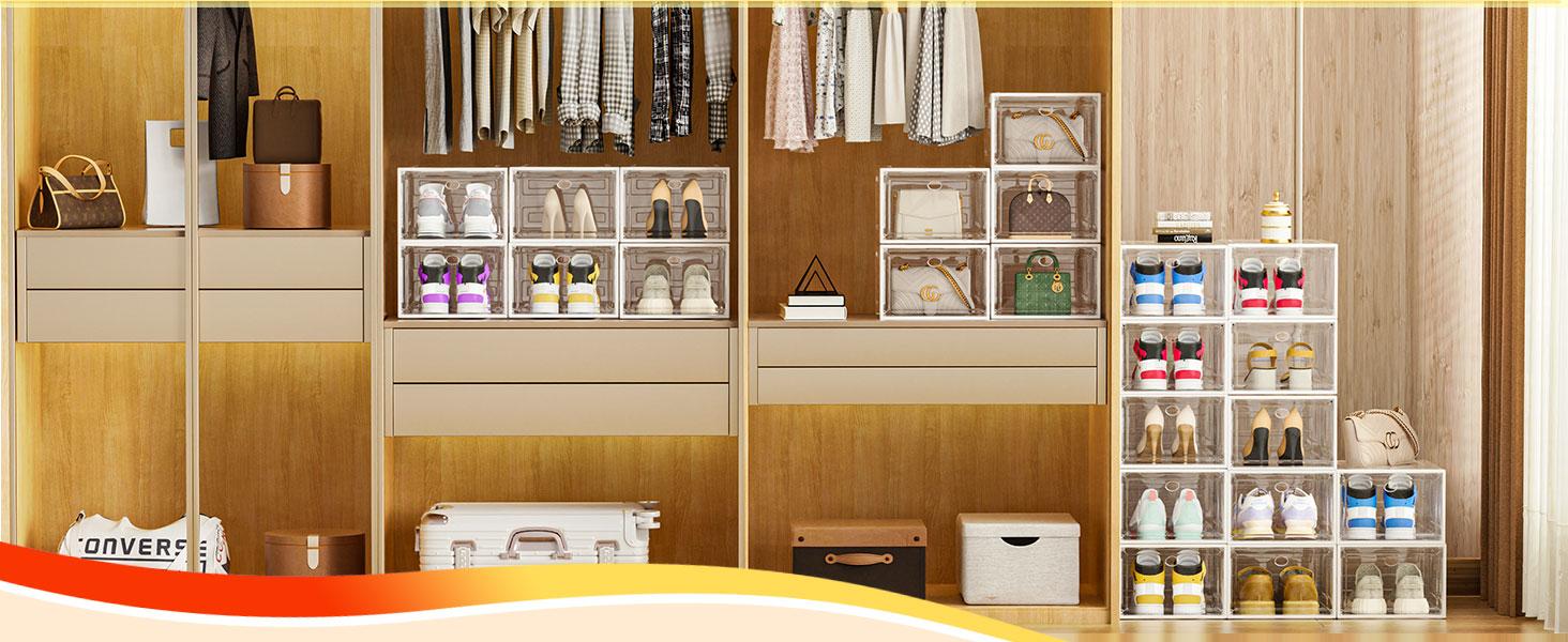 7CODE Thicken & Sturdy 12 Pack Stackable Shoe Organizer White Plastic Storage Box for Sport Sneaker Display Upgraded Sturdy Shoe Container Room Set
