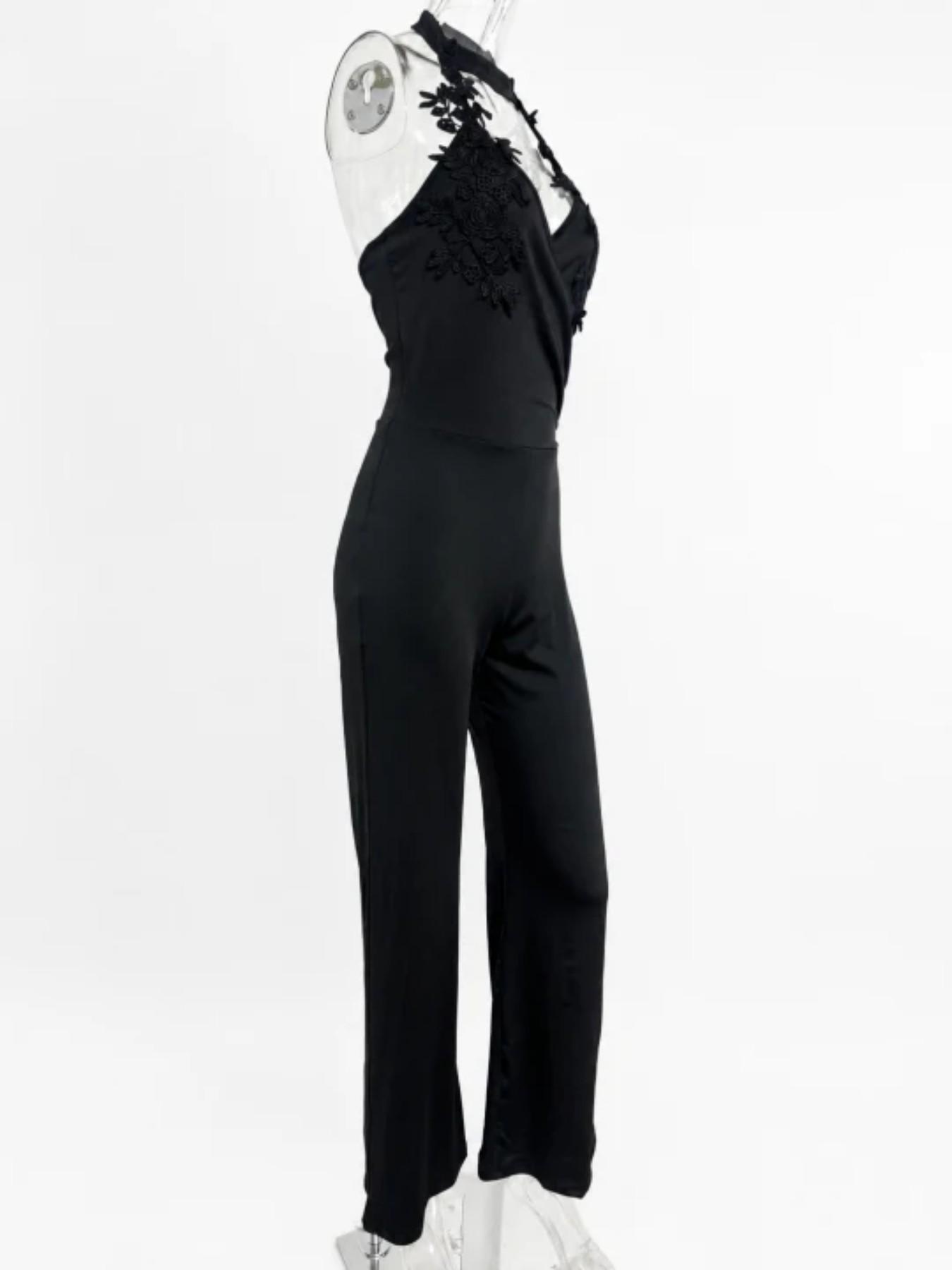 Floral Lace Halter Deep V Cross Back High Waist Bodycon Pants, Sexy & Elegant Design for Dates & Parties, Perfect Fit for Special Occasions