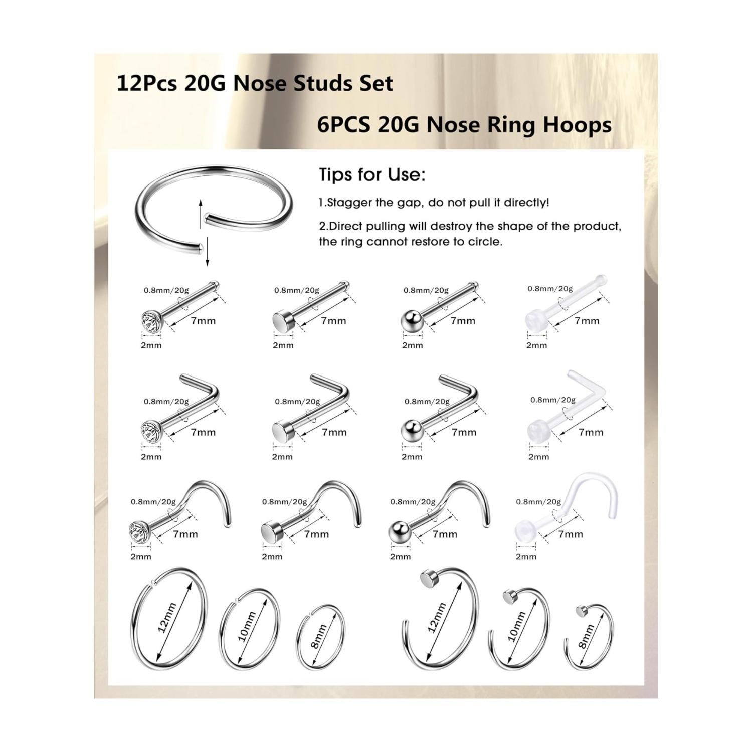 18 Pcs Hypoallergenic G23 Titanium Nose Ring Studs for Sensitive Skin 20G Nose Ring Hoops Nose Studs for Women Men 2mm Small Titanium Nose Piercing Jewelry
