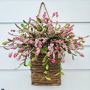 Wildflower Wreath with Pink Berry Accents - Handwoven Rattan Basket for Front Door, Spring Farmhouse Decor for Mother's Day, Wedding and Everyday Home Accent