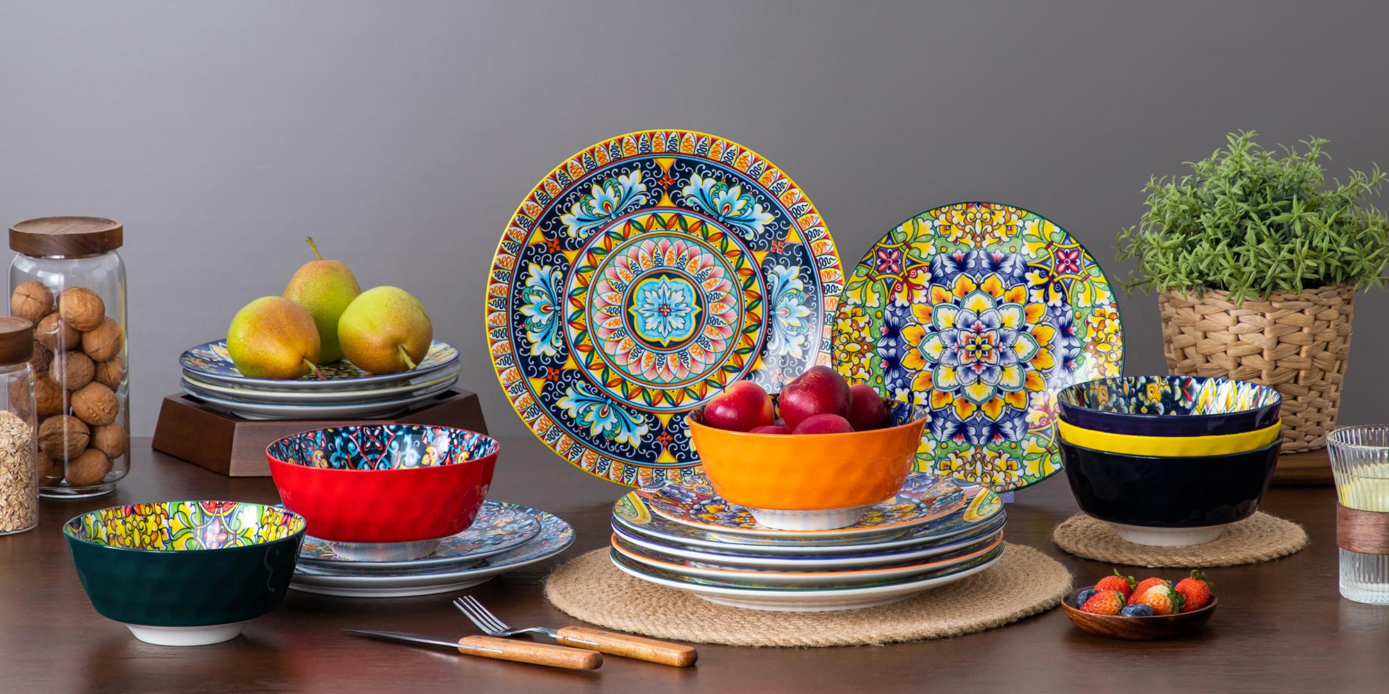 Vancasso Dinner Sets for 4/6 People, Simi Dinnerware Dish Set Artisanal Pieces with 10.5in Dinner Plate, 8.5in Dessert Plate and 950ml Cereal Bowl, Boho Colourful Tableware