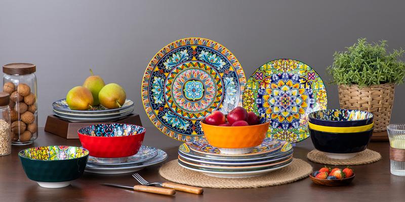 Vancasso Dinner Sets for 4/6 People, Simi Dinnerware Dish Set Artisanal Pieces with 10.5in Dinner Plate, 8.5in Dessert Plate and 950ml Cereal Bowl, Boho Colourful Tableware
