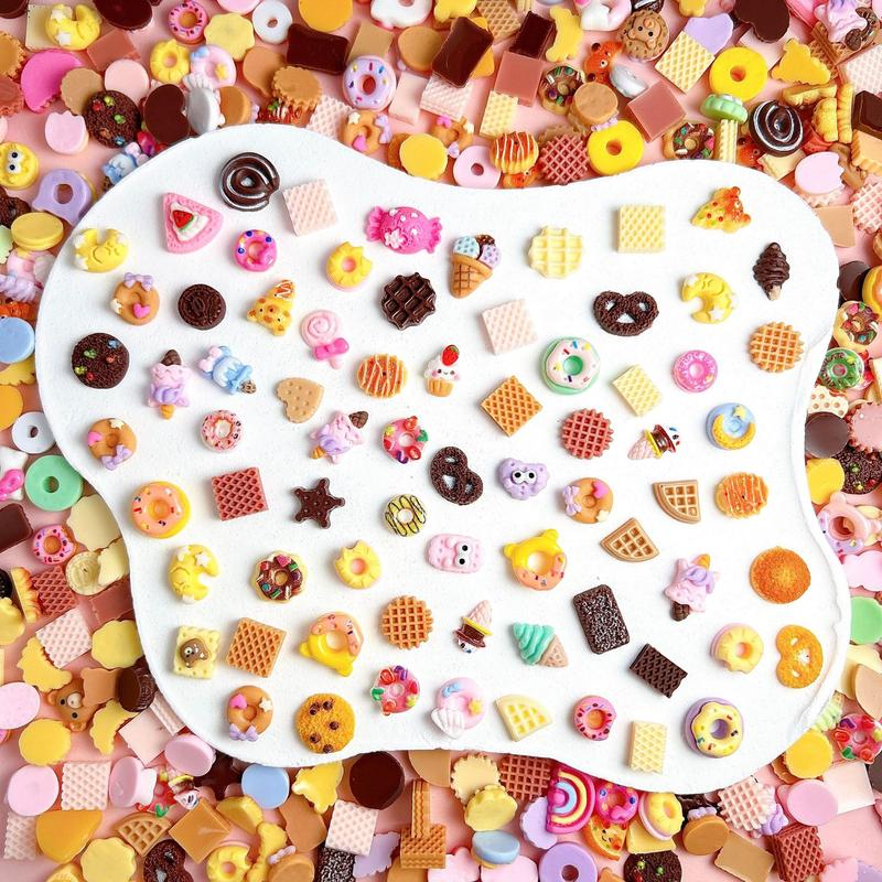 100Pcs Cartoon Cute Desserts Series Resin Nail Charms 3D Simulated Donut Ice-cream Cookies Chocolate Decorations DIY Hairpin Phone Case Nail Art Supplies for Women