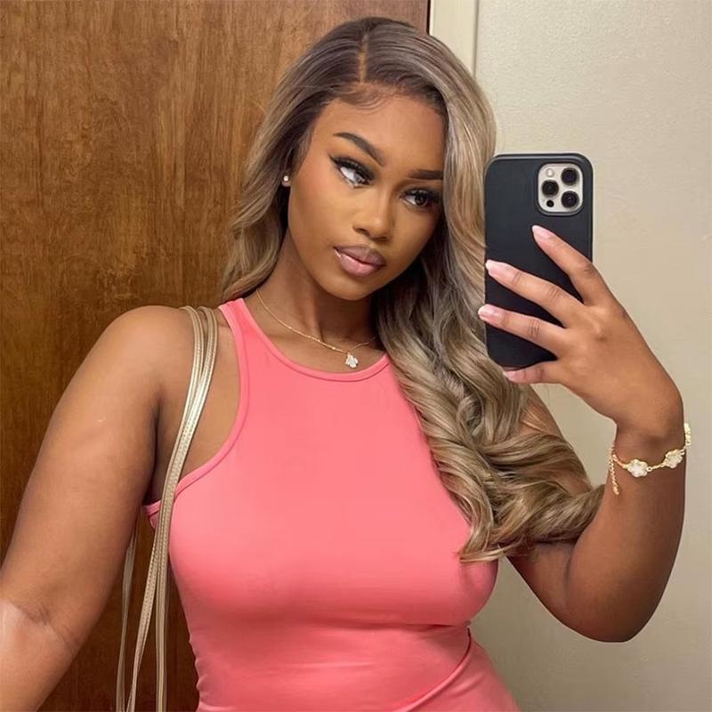 Ombre Brown Roots Ash Blonde Wigs Human Hair 180% Density 13x6 Body Wave HD Thin Lace Front Wig for Women Glueless Ombre Blonde Colored Lace Front Wigs