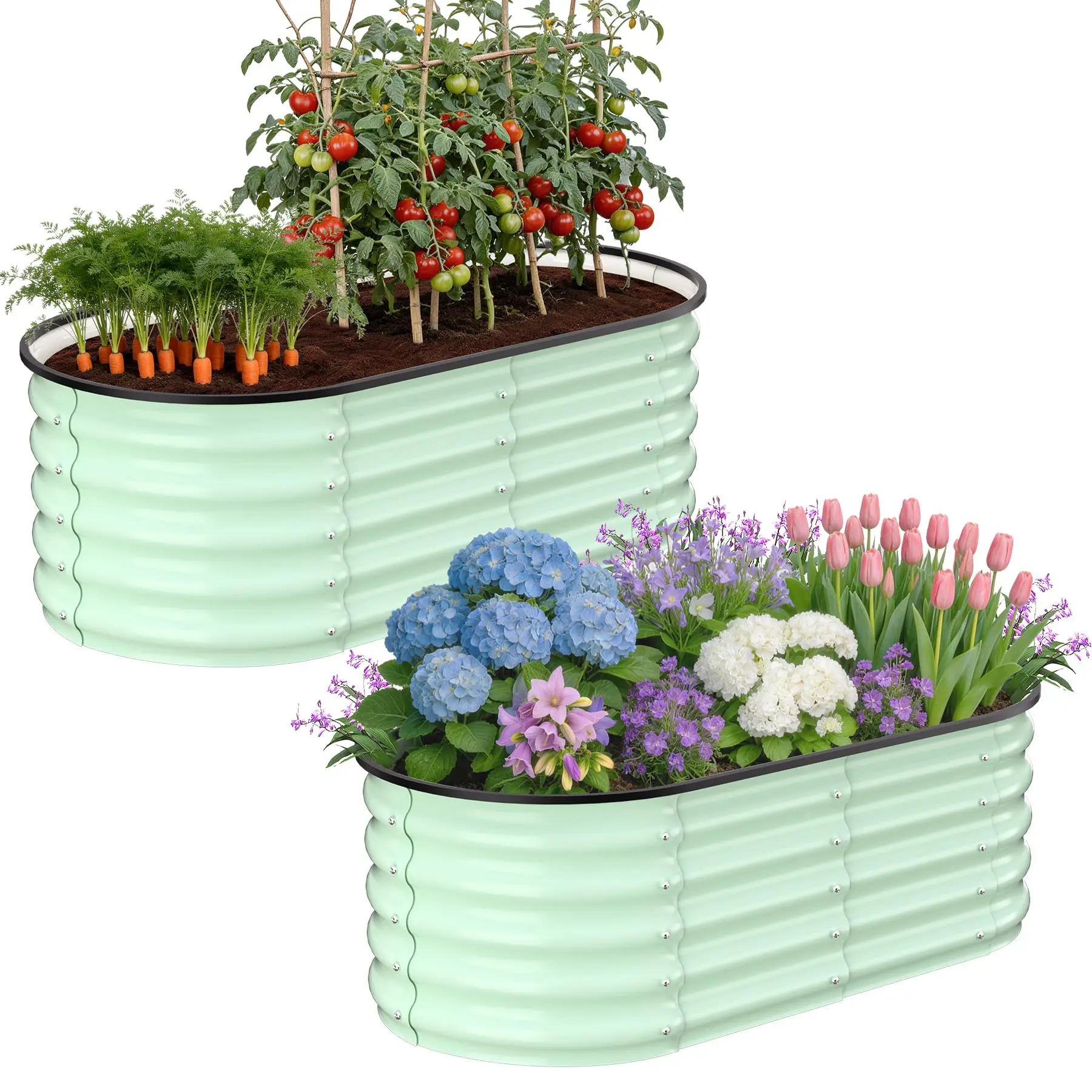 2 Pack Durable Galvanized Metal Raised Garden Bed Planter Box, Oval & Rounded Square Design, Outdoor Planter