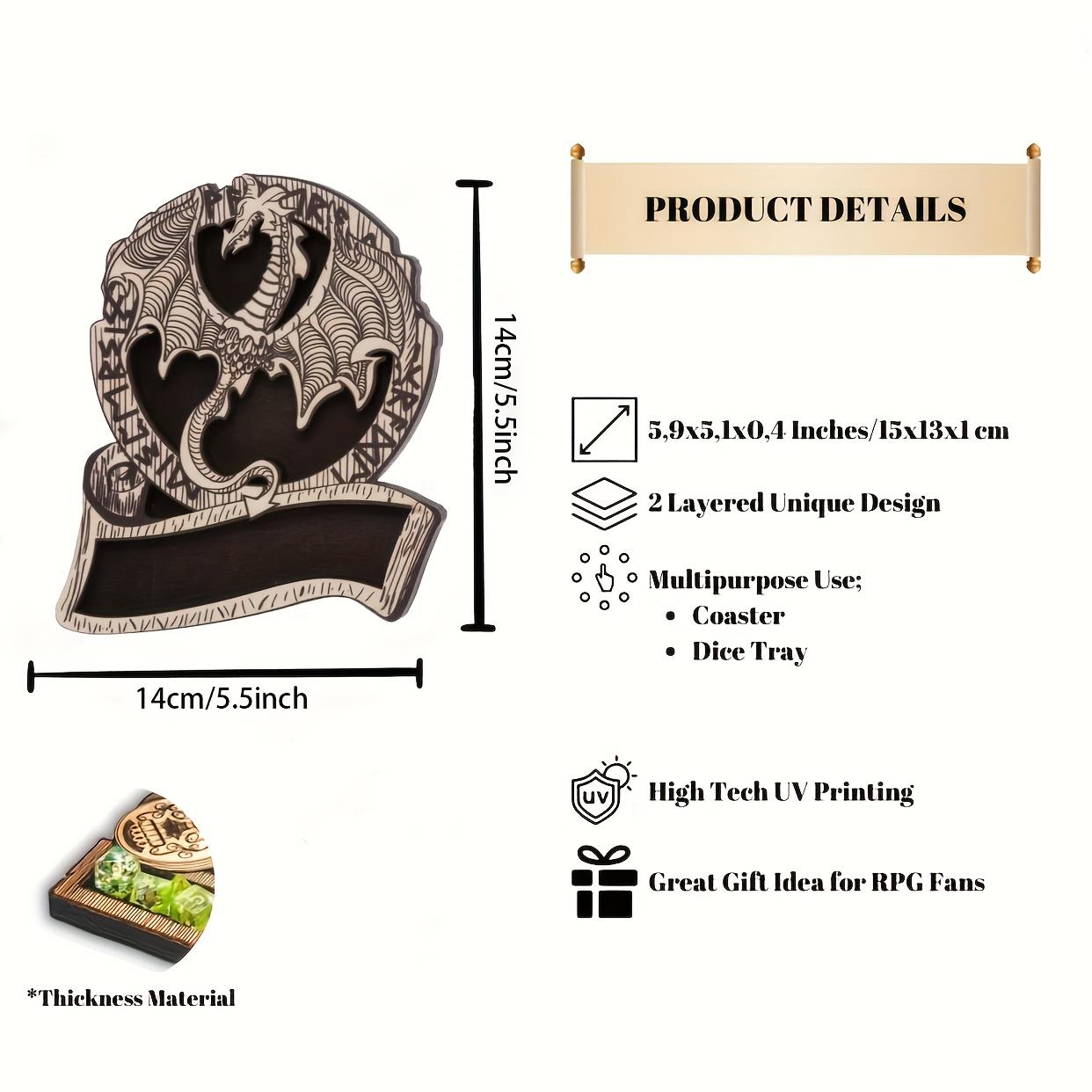 Wooden D&d Dice Cup Mat, Holds 7 Polyhedral Dice, Classic Rpg Dragon Icon, Durable Game Accessory, Perfect Gift for Gamers, Bar Kitchen Home Use
