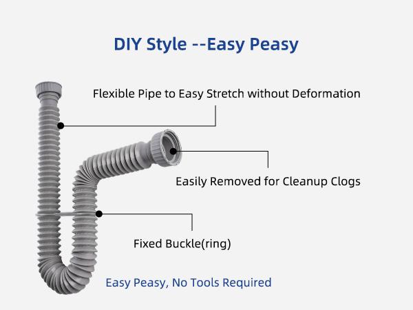 2 Pack 1-1/2" P-Trap Pipe, Flexible Sink Drain Pipe with 2 Rubber Sealing Rings, Flexible Drain Pipe Expandable 11"-34.5" P Trap Tubing Pipe for Kitchen Sink & Garbage Disposal, Gray