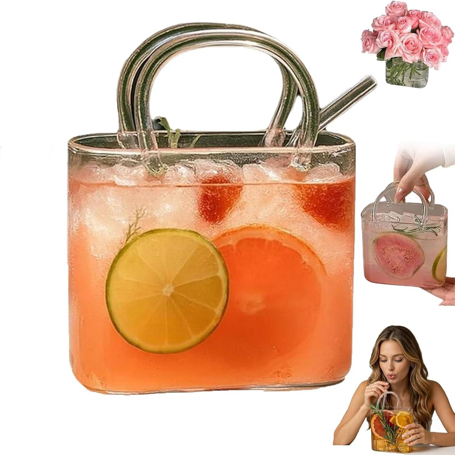 Glass Handbag Shape Cocktail Cup, Unique Handle and Straw Wine Glass Vase, Room Decor Juice Afternoon Tea Flower Picnic Cup