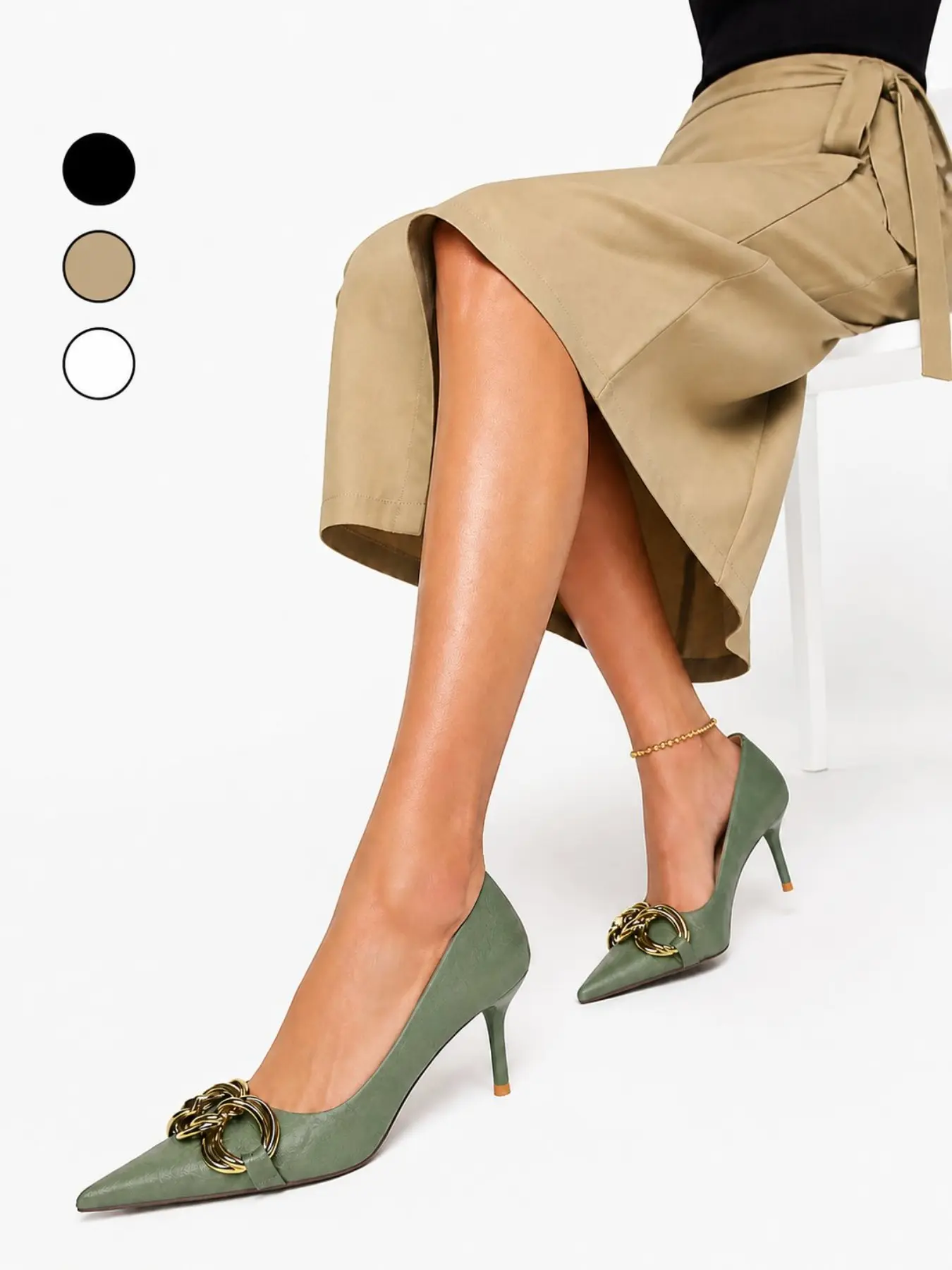 Women's Dark Green Pleated Textured Pointed Toe Stiletto Heels, Vintage Gold Chunky Metal Chain Detail Pointed Flats, Light Luxury Elegant Party & Office Chic Designer Pumps