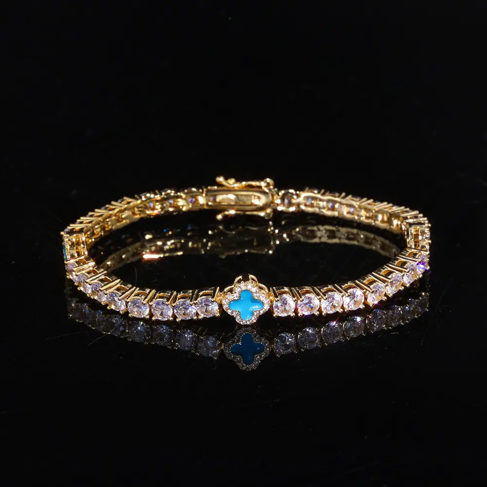 Hip-Hop Copper-Inlaid Zircon 4-Leaf Clover Tennis Bracelet, Exquisite Diamond-Studded Fashion Versatile Costume Jewelry Accessory