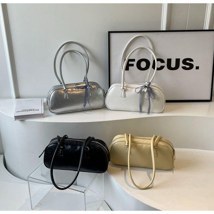 Vintage Waxed Leather Bowknot Baguette Bag, Luxury Commute Underarm Shoulder Bag, Versatile Texture Handbag, Korean Style Ins Fashion Bag for Women